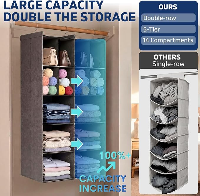 5 Tier Hanging Closet Organizer, 14 Compartments Dual Row Storage, Grey | Closet Organizers and Storage with Large & Small Pockets, 3 Sturdy Hooks Support Heavy Loads, Ideal for Dorm, Garment Rack