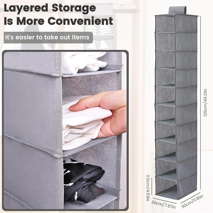 HomeBeyond 10 Shelf Hanging Closet Organizer, Grey Storage Shelves for Clothes, Shoes, and Accessories, Space Saving Closet Storage Solution