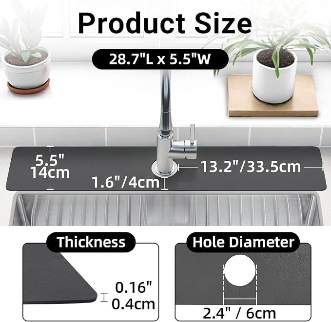 LOPNUR Faucet Mat for Kitchen Sink Cuttable, 29 Inch Extra Long Sink Splash Guard Behind Faucet, Super Absorbent Diatomite Sink Protector Mat, Bathroom Water Splash Guard Fast Dry, Easy to Cut, Grey