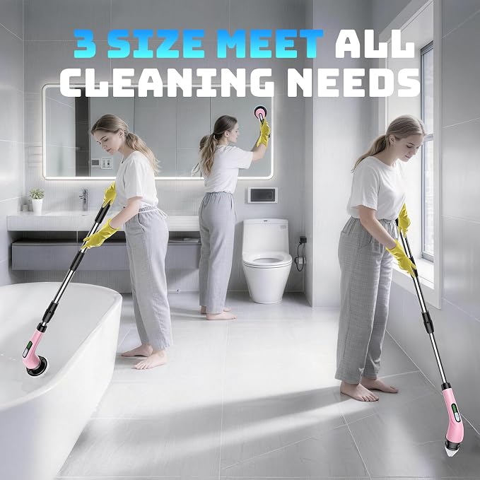 Highyes Electric Spin Scrubber for Bathroom, Upgrated Powerful IPX7 Waterproof Shower Scrubber with Extendable Long Handle A10D (Pink) | IPX7 Waterproof Shower Scrubber with Extendable Long Handle，Bathroom Cleaning Scrubber with 7 Reusable Brush Heads