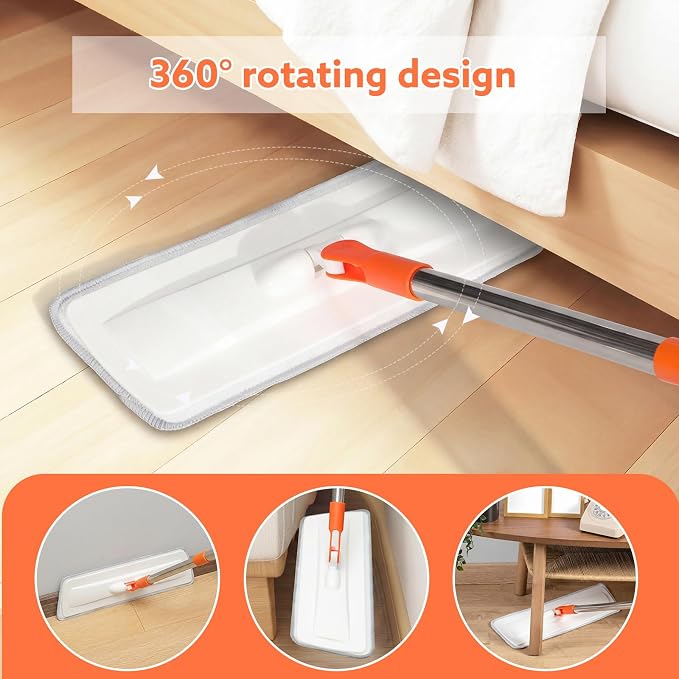 wlich Microfiber Flat Mop, 55" Extendable, 2 Washable Pads, White & Orange | Wet & Dry Cleaning, 360° Swivel Head, Lightweight Aluminium Handle for Tile, Wood, Laminate and Marble Floors