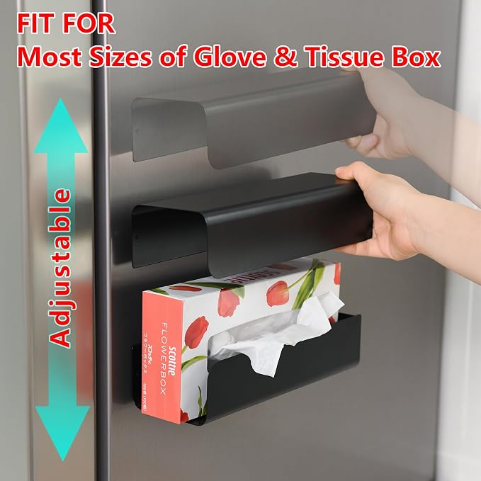 Magnetic Glove Box Holder Glove Dispenser Tissue Box Organizer Wall Mount | Adjustable Magnet Box, Versatile Use for Fridge, Toolbox, Metal Door, Garage Wall, Hold Gloves, Towels, Wipes, Tissues