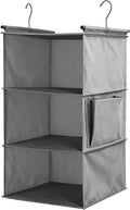 Hanging Closet Organizer, Foldable Shelves, Grey (3) | 3-tier hanging shelves for closets. Foldable, lightweight fabric holds clothes & shoes. Fits dorms, RVs, apartments. Grey