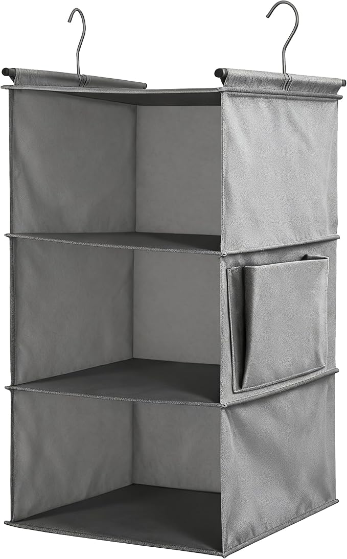 Hanging Closet Organizer, Foldable Shelves, Grey (3) | 3-tier hanging shelves for closets. Foldable, lightweight fabric holds clothes & shoes. Fits dorms, RVs, apartments. Grey