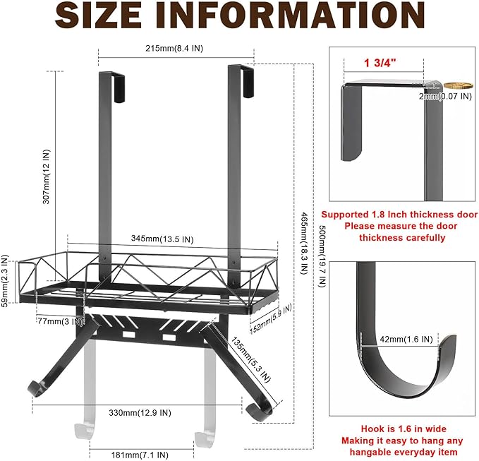 Ironing Board Hanger, Metal Over The Door or Wall Mounted Ironing Board Caddy, Ironing Board Storage Shelf with Adjustable Hooks for Laundry Room, Living Room, Bathroom (Matte Black)