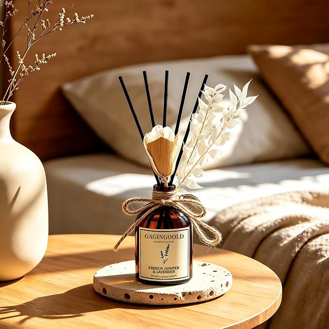 Reed Diffuser Set, Lavender Scent Diffuser with 10 Sticks & Decorative Flower, Long Lasting Diffusers for Home Fragrance, Vintage Decor for Bathroom Bedroom Office Shelf, 5 Fl.oz