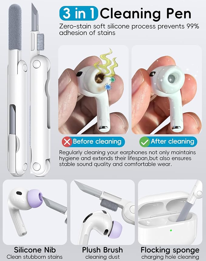 4 Pairs Replacement Ear Tips for AirPods Pro 1st /2nd(Purple) | with Noise Reduction Hole,Built-in dust Guard Screen Silicone Ear Tips with Cleaning Pen