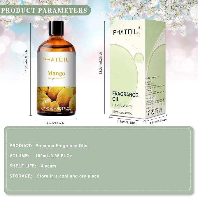 PHATOIL Mango Fragrance Oil for Diffuser Aromatherapy 3.38FL.OZ | Long Lasting Scented Oils For Humidifier, Air Freshener, DIY Soap Candle, Scent Project Making, Aroma Oil for Home Freshening