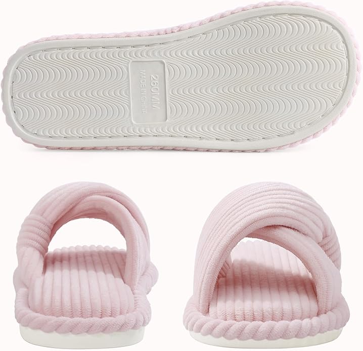 Evshine Summer House Slippers for Women Corduroy Cross Bow Indoor Slippers Open Toe Slip On Bedroom Shoes with Memory Foam