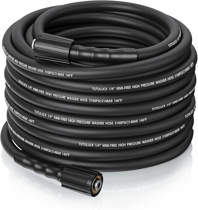Super Flexible Kink Resistant Prevent leakage Pressure Washer Hose,Black 1/4",M22 threads 3100 PSI High Pressure Washer for Ryobi, Troy Bilt, Greenworks, Generachouse etc. (100FT)