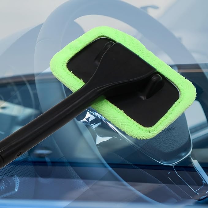 Car Window Cleaner Kit, Green | Windshield Cleaning Tool, Extendable Long Handle, 2 Washable Reusable Microfiber Pads