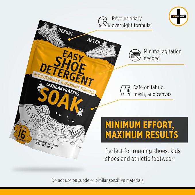 SneakERASERS Overnight Soak, Shoe and Sneaker Cleaner, Easy Detergent for Sneakers athletic shoes, and more. No fuss!