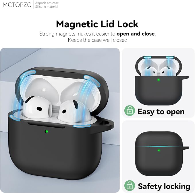for AirPods 4 Case 2024 with Cleaner Kit & Keychain-Magnetic Black | Silicone Protective Cover for Apple AirPods 4th Generation Case,for Women Men,One-Piece Design,Shockproof,Dust Proof,Magnetic