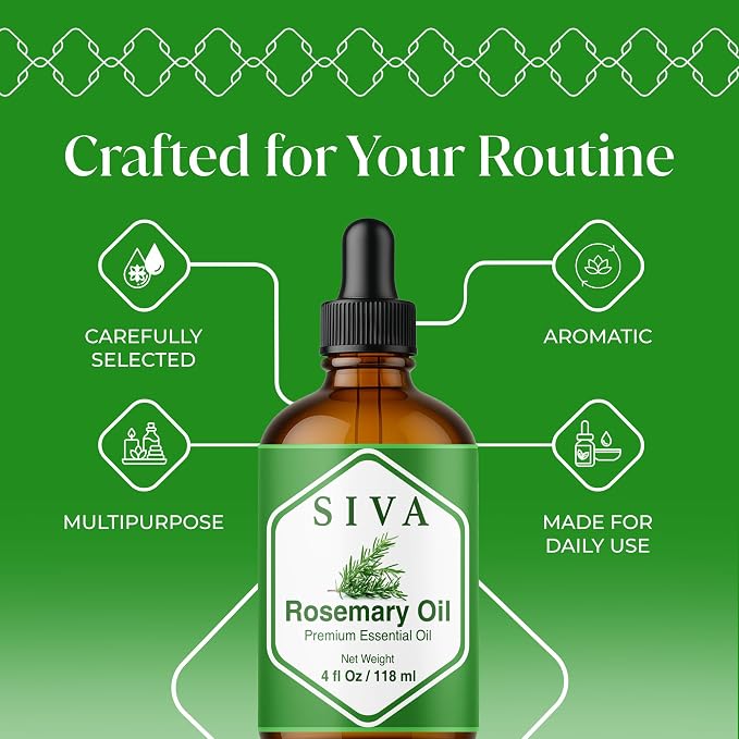 Siva Rosemary Essential Oil, Glass Bottle with Dropper, 4 Fl Oz (118 ml) | Rosemary Oil for Hair Care, Scalp Care, Diffuser, Humidifier, Skin, Body Massage, Soap Making, Candle Making & DIY Projects