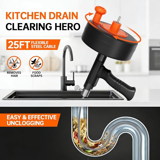 25ft Drain Auger Heavy Duty, Professional Plumbing Snake with Drill Adapter, Manual & Powered Clog Remover for Kitchen, Bathroom, Shower Sink & Bathtub, Flexible Pipe Snake Cleaner with Gloves