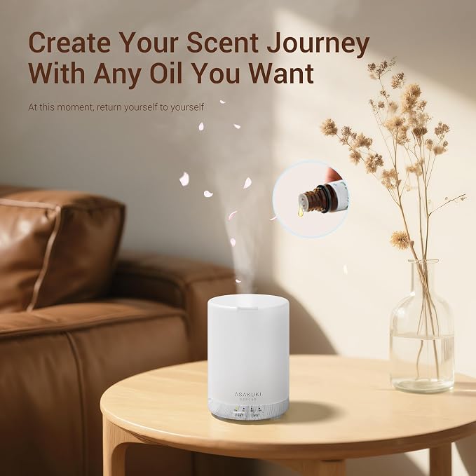 ASAKUKI Essential Oil Diffuser for Home 300 ml Quiet | Automatic Shut-Off, Aromatherapy Diffuser, 7 LED Lights for Living Room, Kitchen, Bedroom, Hotel - White Wood