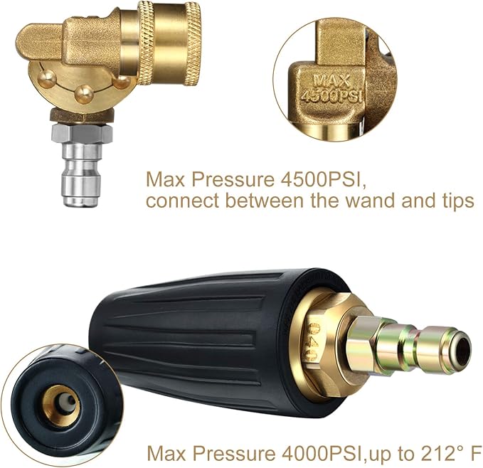 Mudder 4000 Psi Turbo Nozzle Pressure Washer Tips with 1/4 Quick Connector 4500 Psi Pivoting Coupler and 7 Pcs Spray Nozzle Tips Kit Power Rotating Multiple Degrees