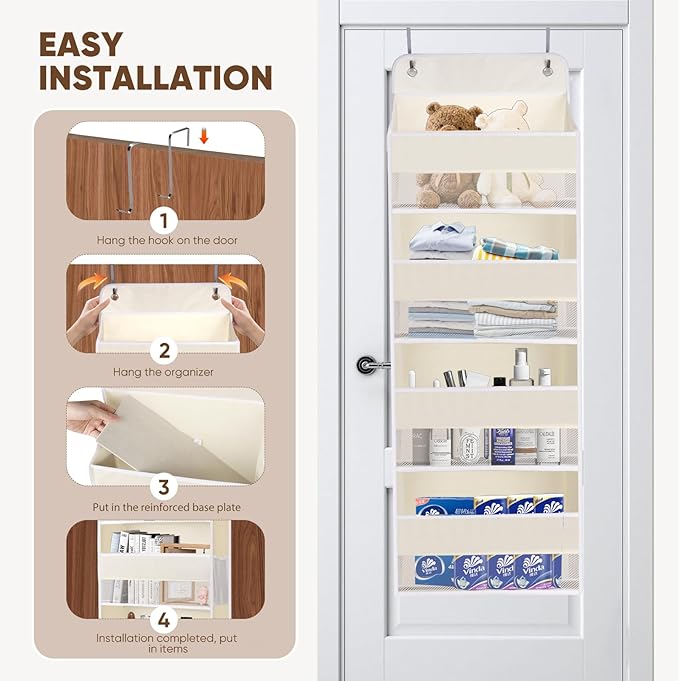 QINGUANG Over The Door Organizer,Hanging Organization and Storage, Behind Door Organizer with Side Pockets, 35 lbs Capacity,Anti Tilt, for Nursery, Bathroom, Bedroom,Dorm 4-Shelf Beige