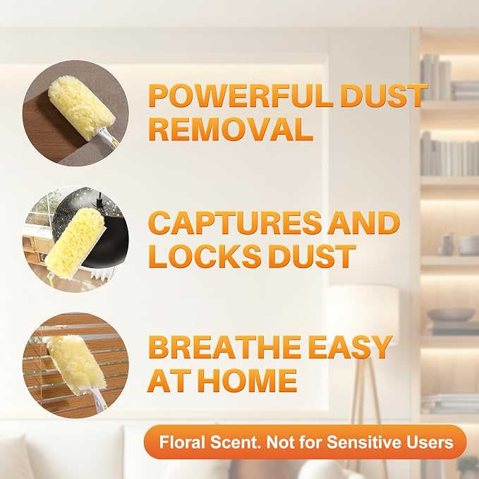 JOYMOOP Scented Telescopic Duster kit, 3FT Extendable Handle (Yellow) + 4 Yellow Refills for Swiffer Feather Duster,Easy Cleaning for Ceilings, Ceiling Fans, Blinds, Vents & Shelves