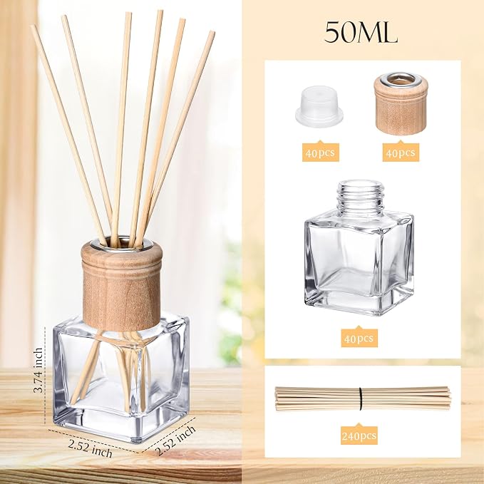 Roshtia 40 Set Reed Diffuser Bottles 50ml Glass Wooden Caps Rattan Sticks | Empty Refillable DIY Oils, Mini Square Jars Bulk, Ideal Home Office Aromatherapy Gifts, 1.7 Oz Fragrance Container