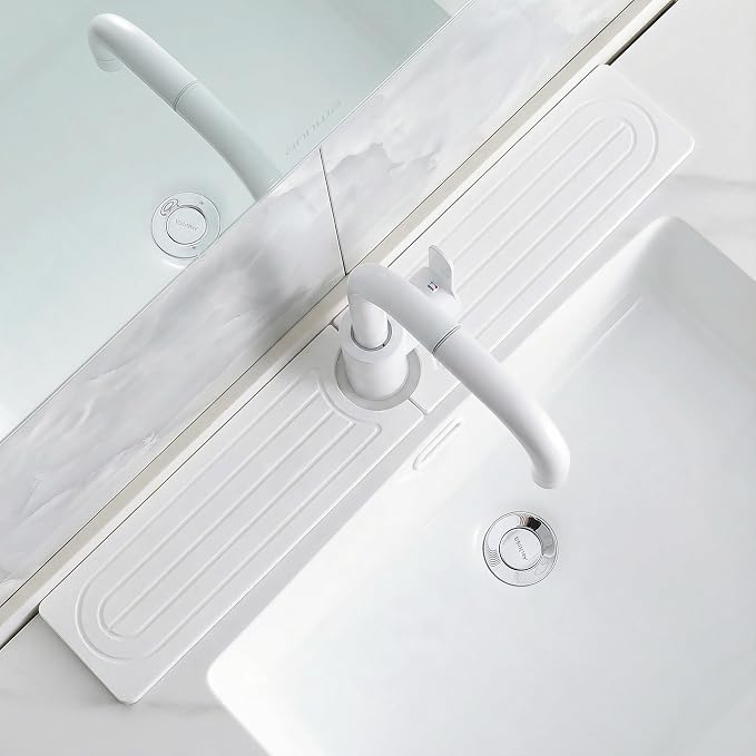 Faucet Mat for Kitchen Sink -Diatomite Stone Drying Mat for Kitchen Counter & Bathroom Sink,Quick-Dry Kitchen Sink Mat-Sink Protector & Splash Guard,Super Absorbent (White, 23.6" x 4")