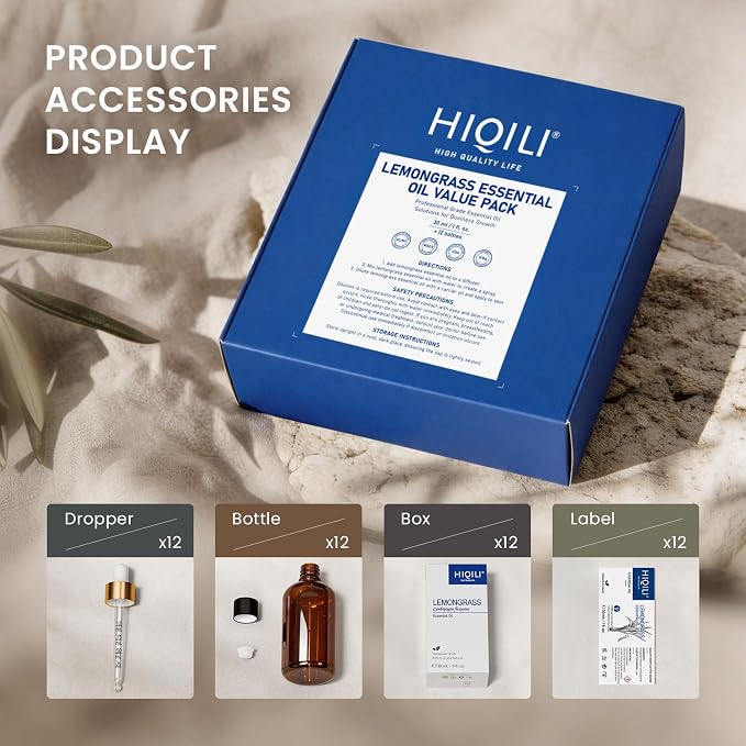 HIQILI Lemongrass Essential Oil Set, Bulk Wholesale for Business | Ideal for DIY, Diffusing, Protection, Skin & Massage, for Craft Shops, Hotels, Outdoors & Spas - 30mL / 1 fl oz (12 pack)