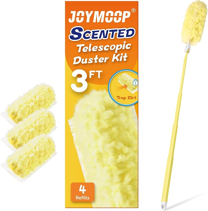 JOYMOOP Scented Telescopic Duster kit, 3FT Extendable Handle (Yellow) + 4 Yellow Refills for Swiffer Feather Duster,Easy Cleaning for Ceilings, Ceiling Fans, Blinds, Vents & Shelves