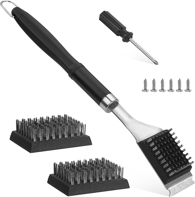 BBQ Grill Cleaning Brush Scraper with 2 Replaceable Stainless Steel Bristles Head, 72-Well Wires Brush, Stainless Grill Grate Cleaner, for Weber Gas, Charcoal, Electrical, Infrared
