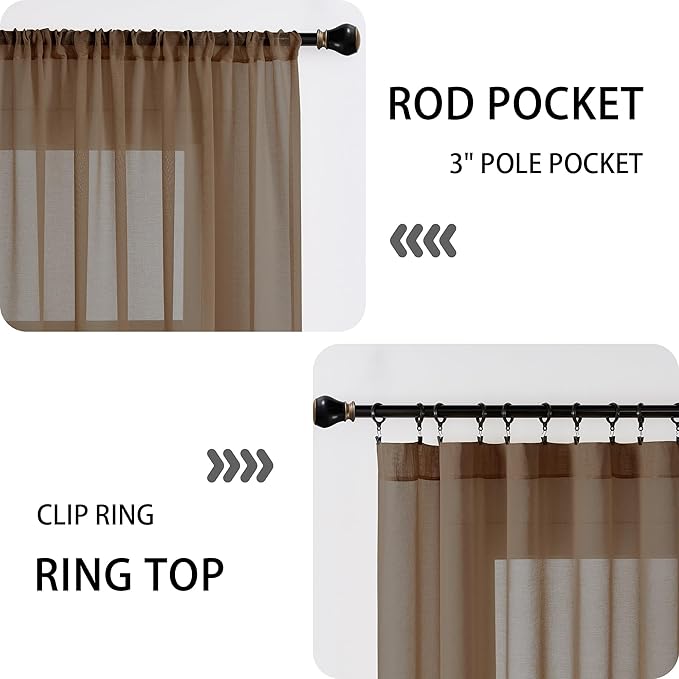 Tollpiz Sheer Door Curtain Closet Linen Textured Curtain Sheers Doorway Light Filtering Voile French Door Rod Pocket Curtains Patio Glass Door, 25 x 80 inches Long, Brown, Set of 1 Panel