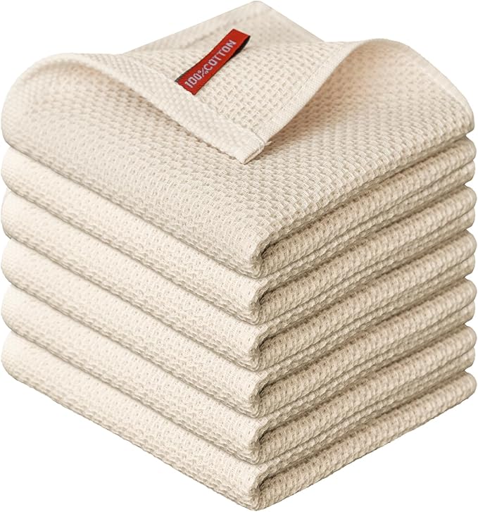 Artoid Mode 100% Cotton Beige Waffle Weave Kitchen Dish Cloths, 12x12 Inch Ultra Soft Absorbent Quick Drying Kitchen Dish Towels Set of 6