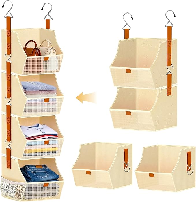Fabric Hanging Closet Clothes Organizers and Storage Detachable 4 Tier | Hanging Clothes Organizers for Bedroom,Dorm,RV,,Camper,See Through Front Panel,Space-Saving,Can Be Separated Individually