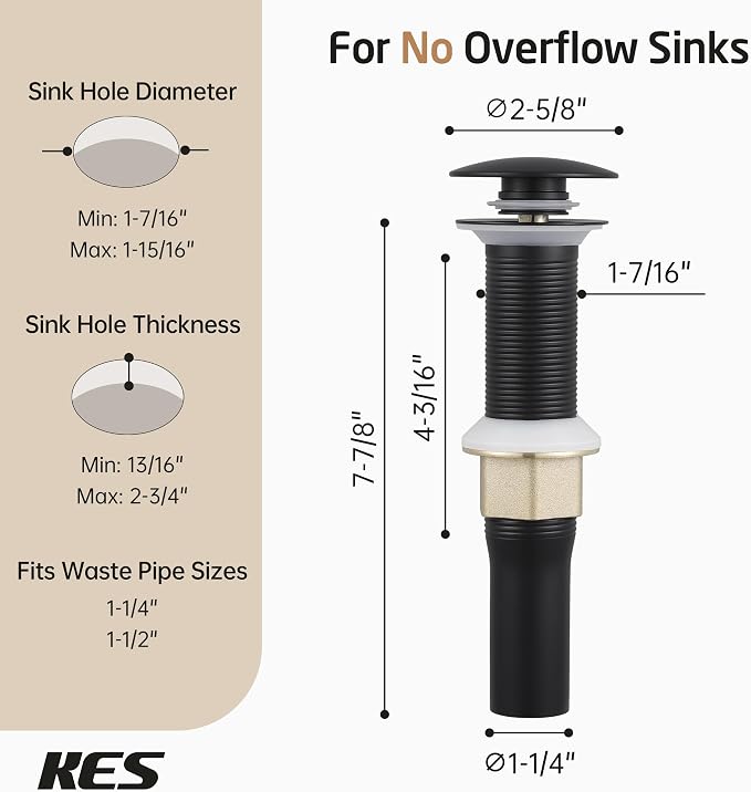 KES Black Pop Up Drain Stopper for Bathroom Sink, Sink Drain with Hair Catcher Without Overflow, 2 Pack, Matte Black, All Metal Rustproof 304 Stainless Steel, S2013D-BK-P2