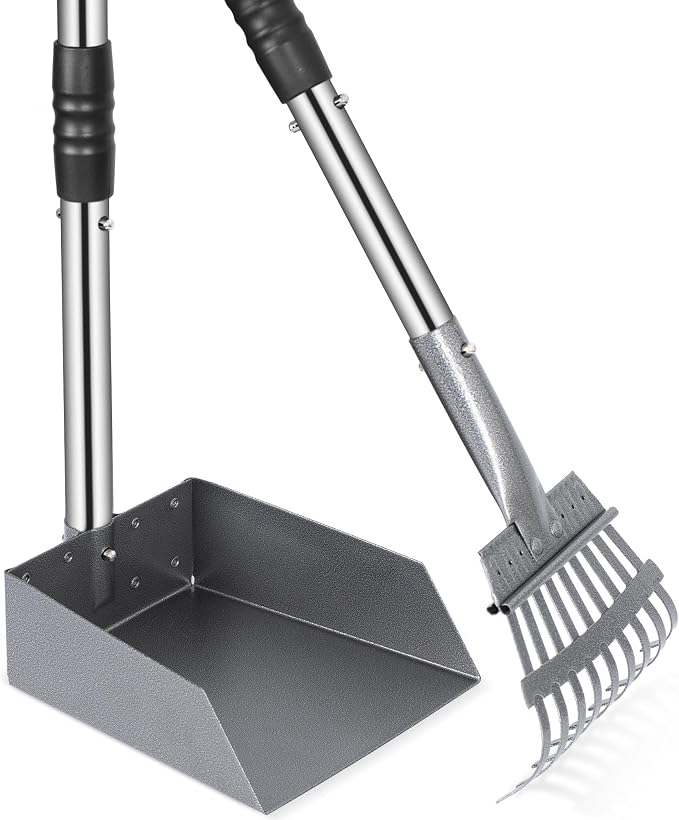 Dog Pooper Scooper, Dog Poop Tray and Rake Set with Long Stainless Handles | Pet Waste Removal Scoop with Adjustable Sectional Handles
