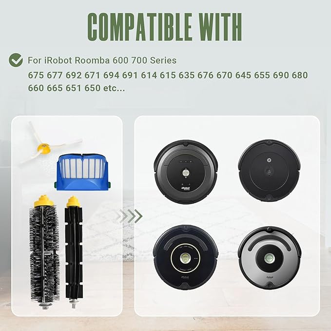 Replacement Parts Accessories Kit for iRobot Roomba 675 694 692 614 670 677 671 691 676 639 679 615 600 Series Robot Vacuum Attachment, 1 Front Caster Wheel,1 Bristle Brush, 6 Side Brush, 4 Filter