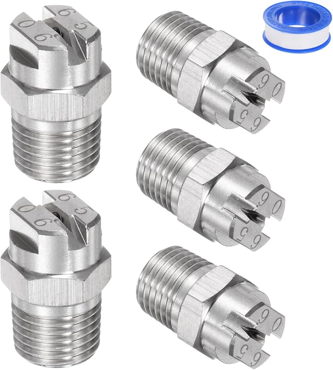 M METERXITY 5-Pack Flat Fan Spray Tip, 65 Degree 1/4BSPT Male Stainless Steel Pressure Washer Nozzles Cleaner Nozzle Replacement W Sealing Tape for Water Guns (1.6mm Orifice)