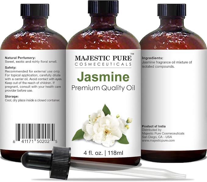 Majestic Pure Jasmine Essential Oil for Diffuser - 4 Fl Oz | 100% Pure & Natural Essentials Oils for aromatherapy, massage blends and DIY home fragrance projects, Massage and room sprays