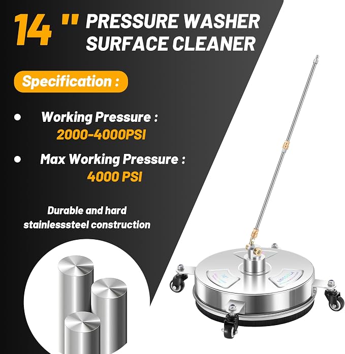 LidoDola 14'' Pressure Washer Surface Cleaner, Power Washer Accessory | Stainless Steel Housing with 4 Wheels, 1/4" QC, 2 Extension Wands & 2 Replacement Nozzles, for Gas & Electric Power Washer