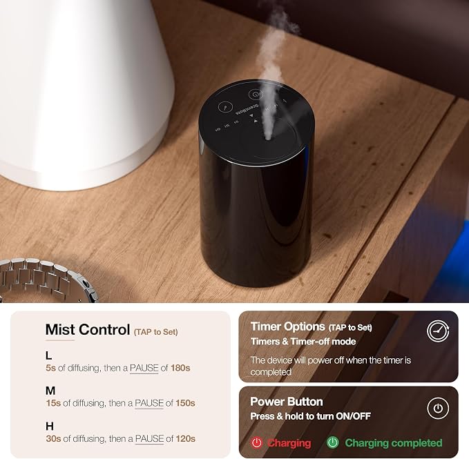 2 Pack ANZ Waterless Diffuser for Essential Oil, Black + Black | Up to 600 sq ft, Battery Operated, 20mL, Timers & Mist Levels, Car Diffuser, for Office, Bathroom, Cold Air, Portable