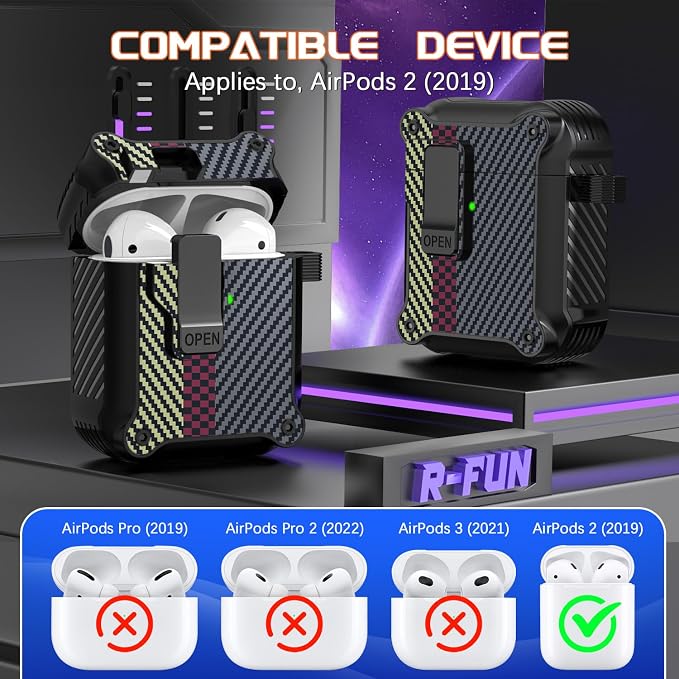 R-FUN for AirPods 2 Case Cover with Lock Magnetic Lid, Gray | Compatible with Apple AirPods 2 and AirPods(2016), Case with Cleaner Kit & Keychain, Powerful Drop Protection