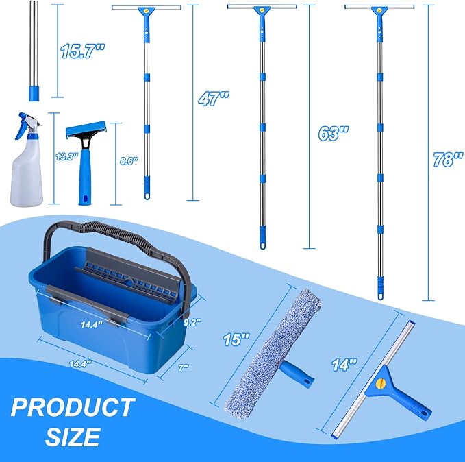 Professional Window Cleaning Kit with 76" Pole,Bucket 3 Gallon,Streak-Free | Includes14"Silicone Squeegee,Microfiber Scrubber,Towel Window Washing for Home, Outdoor, Car & Commercial Use