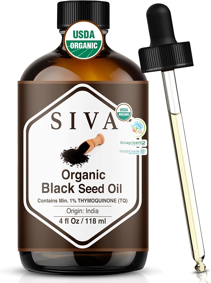 SIVA ORGANICS Black Seed Carrier Oil with Dropper, 4 Fl Oz (118 ml) | Organic Black Seed Oil for Hair Care, Hair Oiling, Scalp Massage, Skin Care, Body Massage & DIY Recipes in Glass Bottle