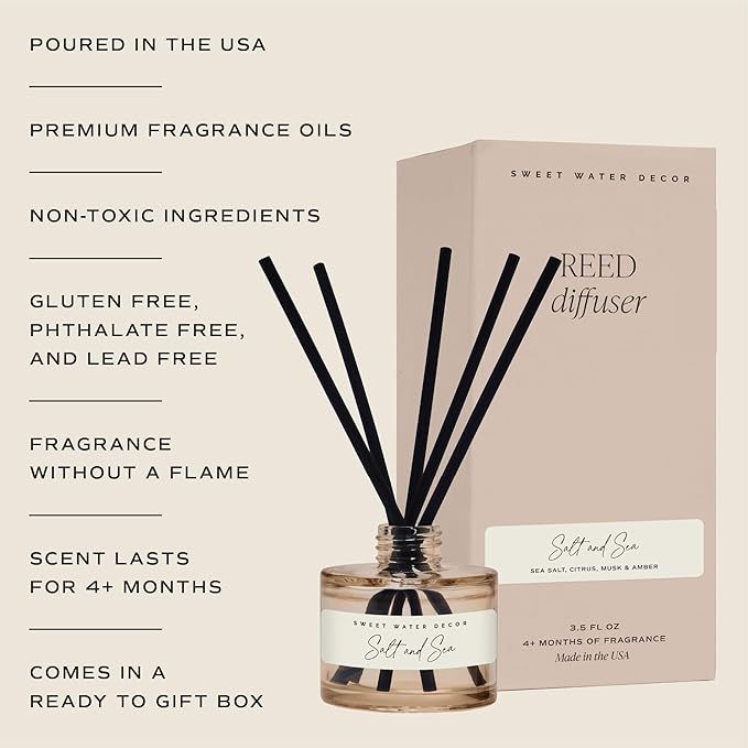 Sweet Water Decor Salt and Sea Reed Diffuser - Sea Salt, Citrus, Musk & Amber Scent - Long-Lasting 4 Month Home Fragrance, Non-Toxic, Aesthetic Home & Bathroom Decor, Made in USA, 3.5 Fl Oz