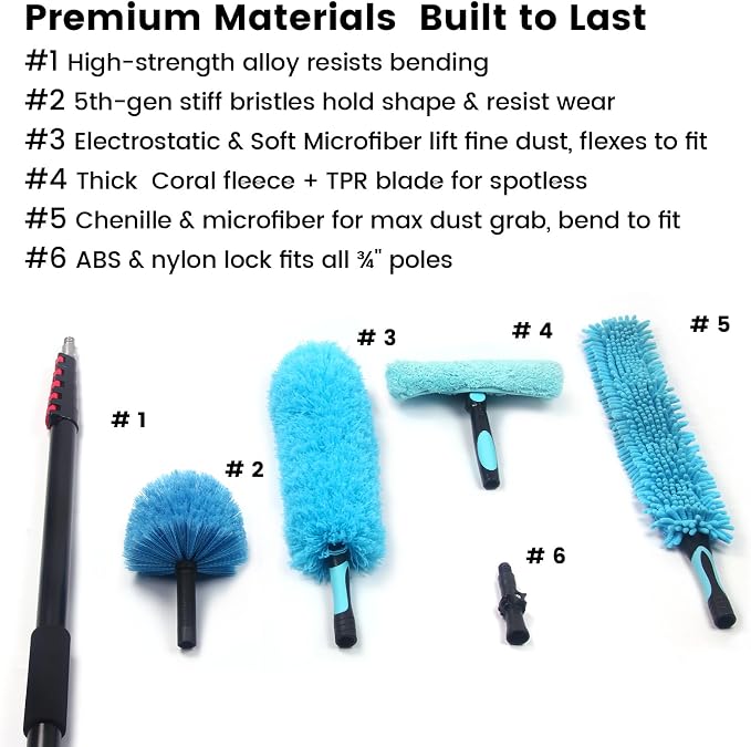 Ceiling Fan Duster Kit with 24 FT Telescoping Pole – 6-Piece Set – Screw-On Cobweb Duster & Squeegee Heads – Washable Bendable – 3/4" Universal Fit – House Cleaning Kit, Blue