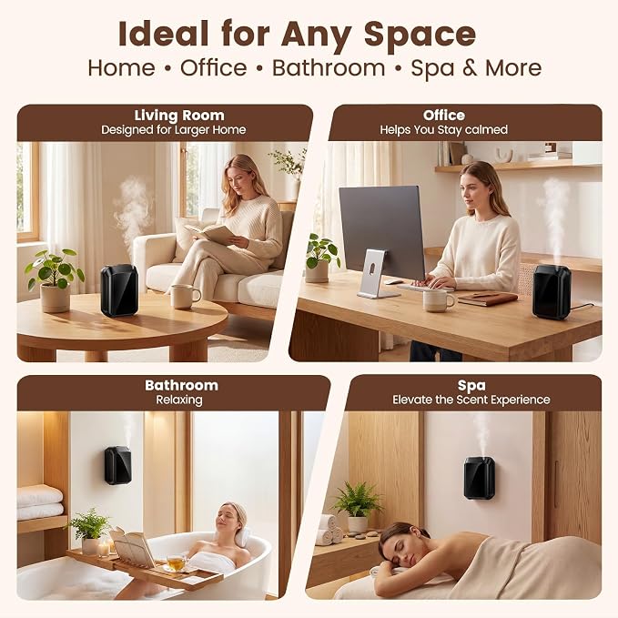 Waterless Essential Oil Diffuser 1500 Sq.Ft for Home Office Hotel, 150ML Cold Air Scent Machine with Bluetooth App & Panel Control, Quiet Wall Mount Aroma Diffuser