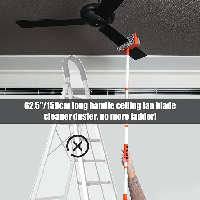 Qaestfy Ceiling Fan Cleaner Duster with 62.5‘’ Extendable Long Handle Ceiling Fan Blade Cleaning Tool, Reusable Chenille & Microfiber Mop Head for Dusting Ceiling Fan Baseboard Wall Floor