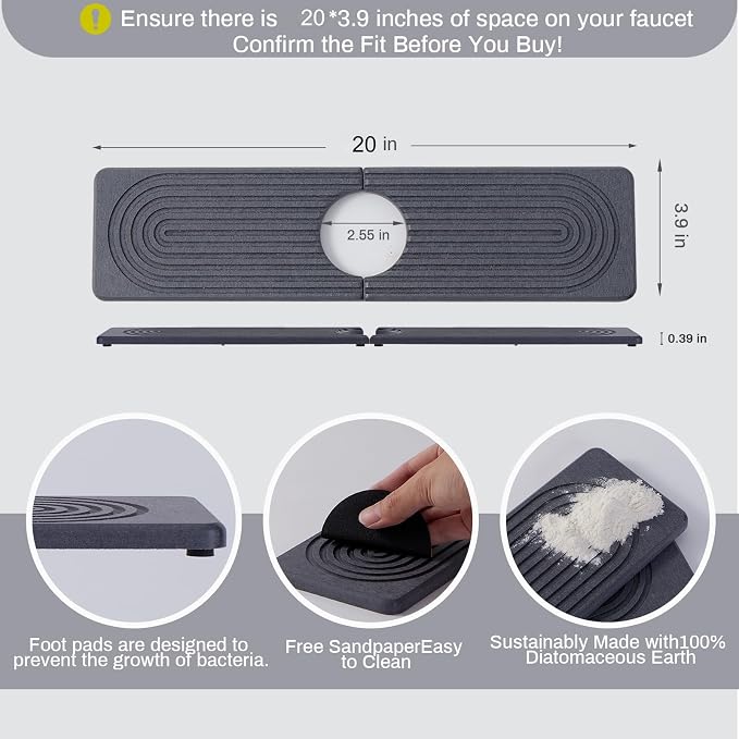 Kitchen Faucet Mat, Diatomite Sink Faucet Mat Splash Guard, Water Absorbing Stone Tray for Sink, Quick Drying Faucet Mat for Kitchen Sink, Absorbent Stone Drying Tray for Bathroom Counter