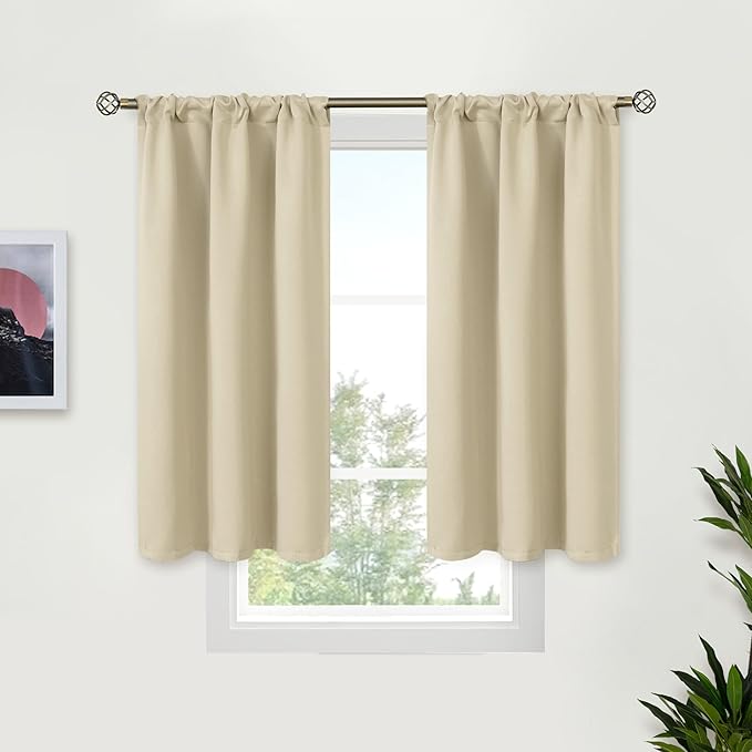 BGment Beige Blackout Curtains for Bedroom Kitchen 45 Inches Long - Short Thermal Insulated Drapes with Rod Pocket Privacy for Bathroom Small Window, 34 x 45 Inch, 2 Panels