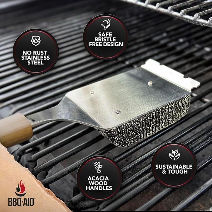 Bristle Free Grill Brush Cleaner and Scraper for Barbecue, Replaceable Head | Bristle-Free Grill Brush with Replaceable Head & Acacia Wood Handle. Heavy-Duty Scraper, No-Scratch BBQ Grate Cleaning.
