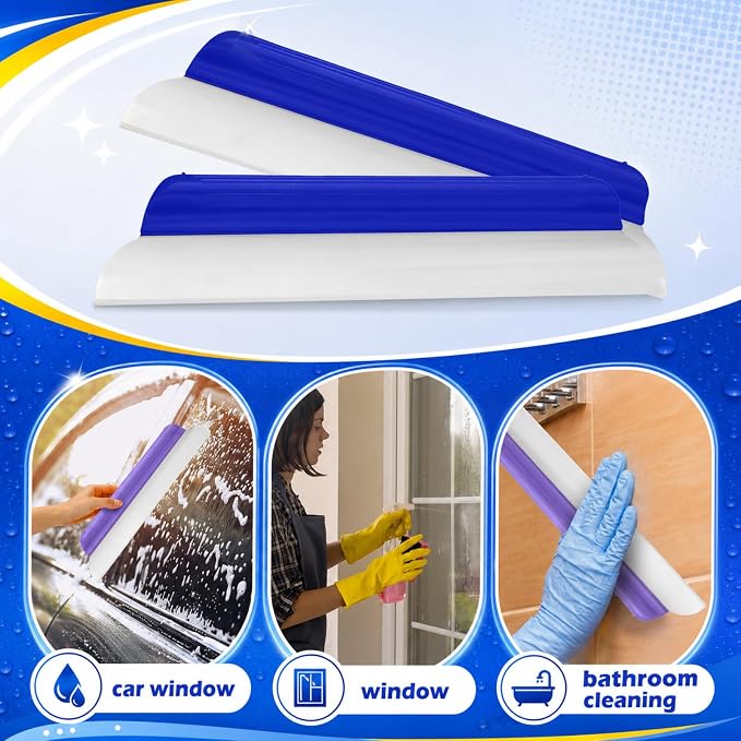 4 Pack 14 Inch Car Drying Squeegee Blue Silicone Window Blade | Flexible Silicone for Drying Windshield Shower Glass, Bathroom Window Cleaner, T-bar Design, Long Handle Wash Tool