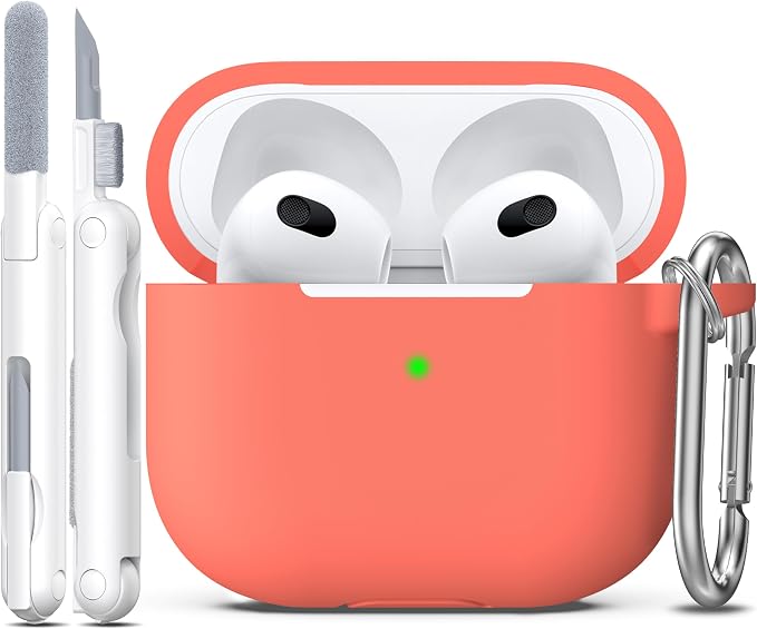 Compatible with AirPods 3 Case Cover, Silicone Protective Accessories Skin with Keychain Compatible with Apple AirPod 3rd Generation 2021 for Women Men Girls Boys,Front LED Visible,Peach Pink